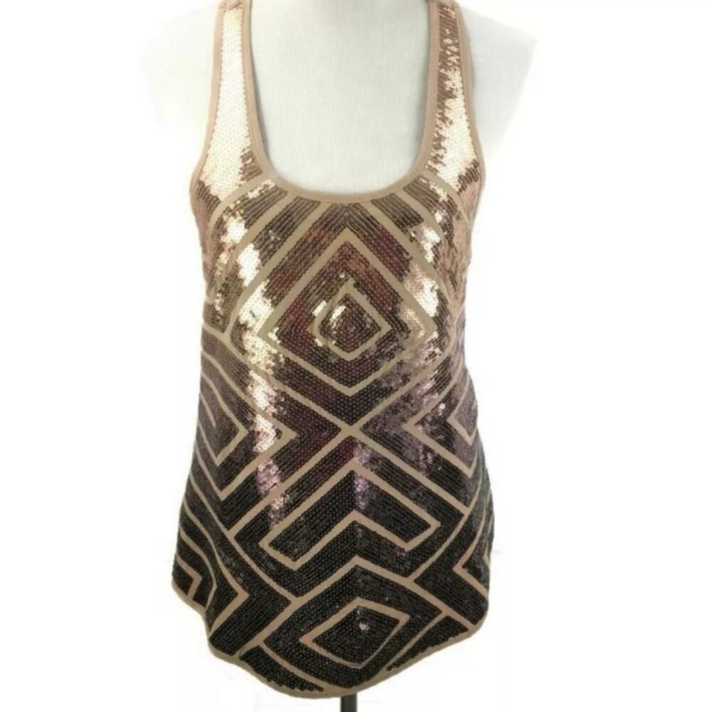 BCBG Sequin Tank Top Cami High Low Hem Tan Boho Contemporary Womans Size Large - Picture 10 of 10